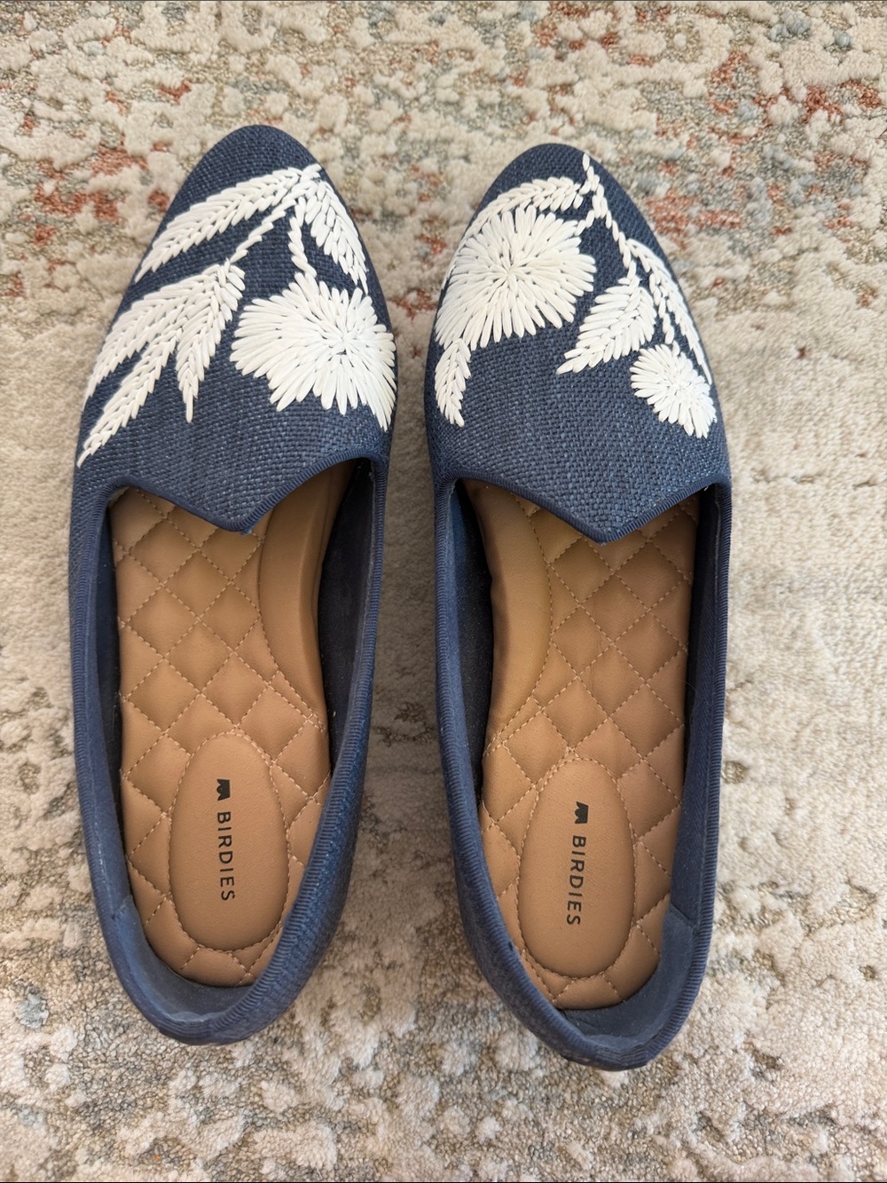 Birdies Navy Blue Floral Embroidered Pointed Toe Flats